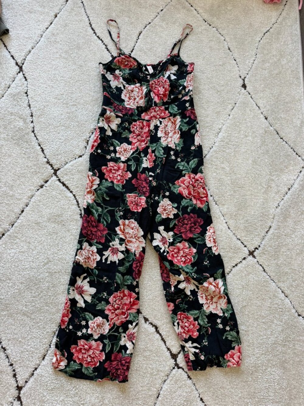 Xhilaration Floral Smocked Jumpsuit Size Small | Black Pink Wide Leg Romper
